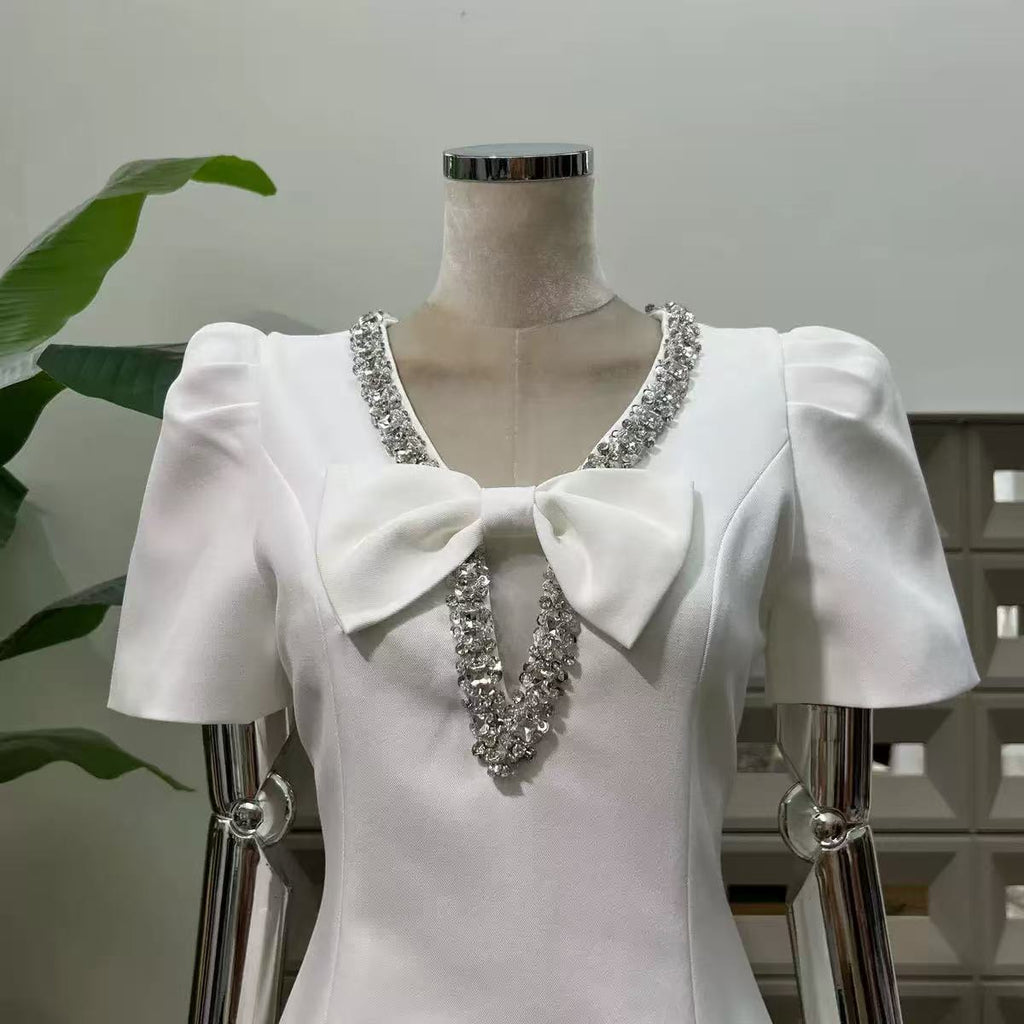 Flowering Girl Women V-Neck Diamond Chain Bow Mini Dress In Ivory