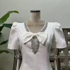 Flowering Girl Women V-Neck Diamond Chain Bow Mini Dress In Ivory