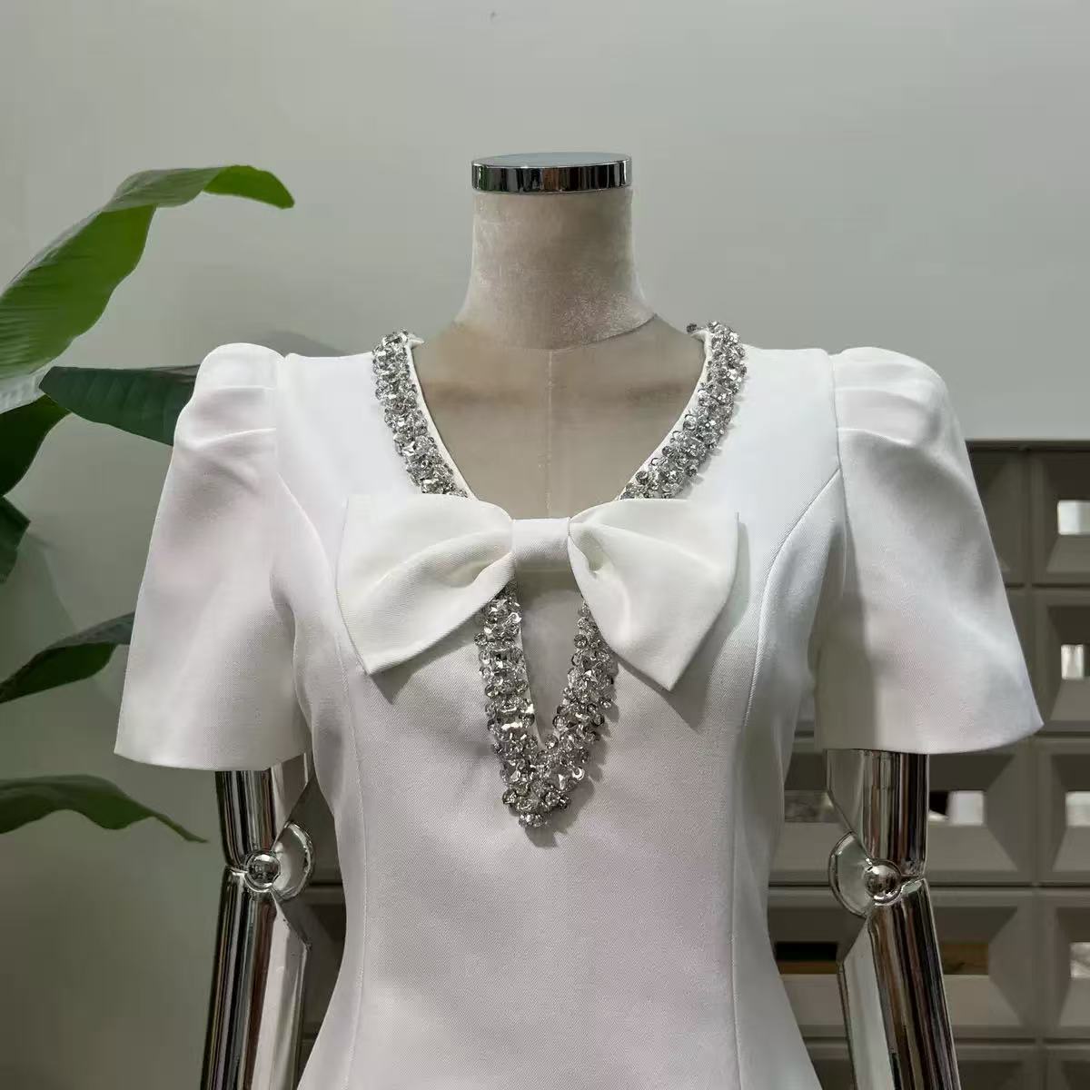 Flowering Girl Women V-Neck Diamond Chain Bow Mini Dress In Ivory