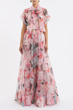 Flowering Girl Women Floral Print Silk Organza Maxi Dress In Pink-Multi