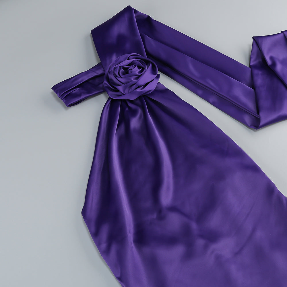 Flowering Girl Women satin wrap halter gown with flower in purple