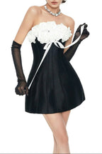 Gladys Strapless 3d Floral Corset A-Line Dress In Black