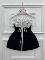 Gladys Strapless 3d Floral Corset A-Line Dress In Black