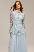 yvette blue Long Sleeve Folds Lace Butterfly Top And Skirt Two-Piece Set