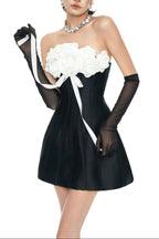Gladys Strapless 3d Floral Corset A-Line Dress In Black