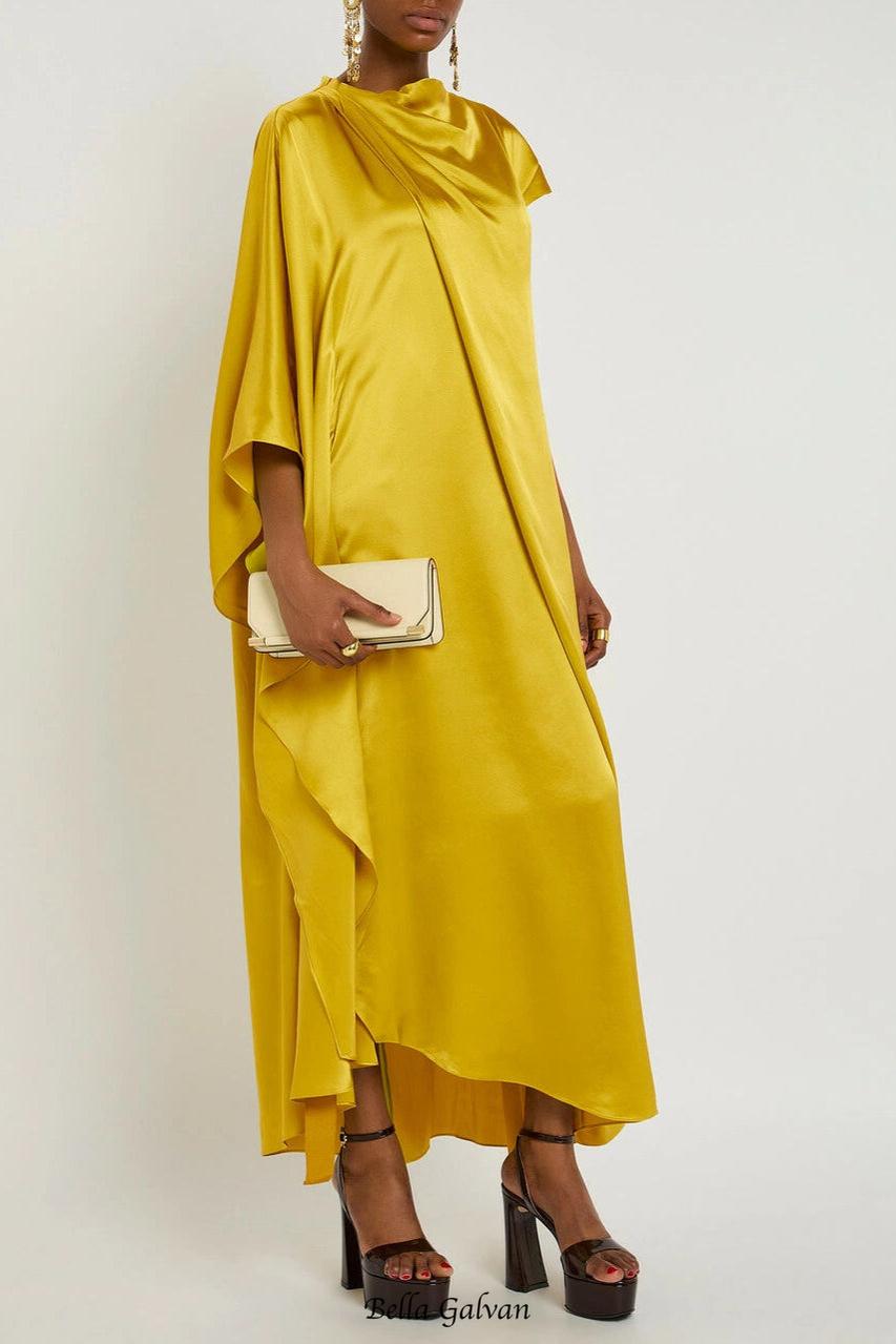 Yellow Draped Silk Maxi Dress