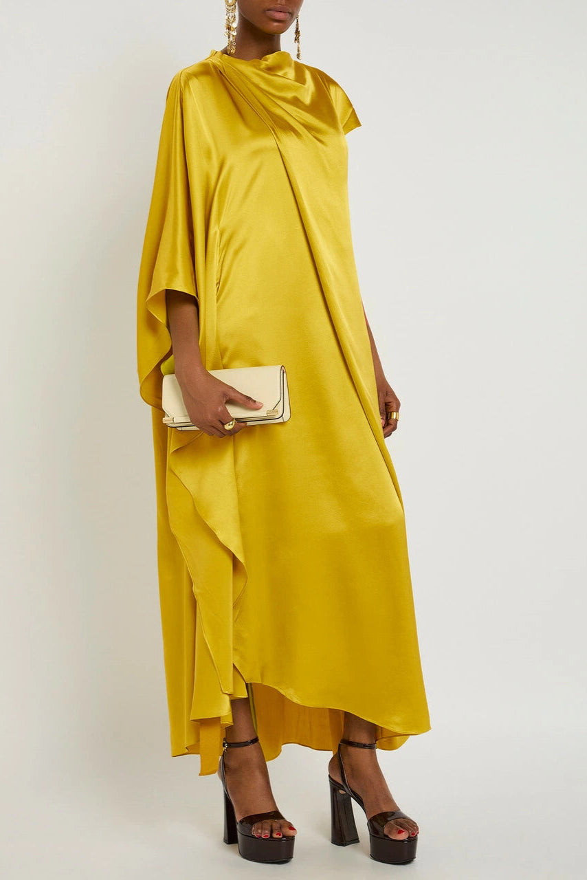 Flowering Girl Women Yellow Draped Silk Maxi Dress