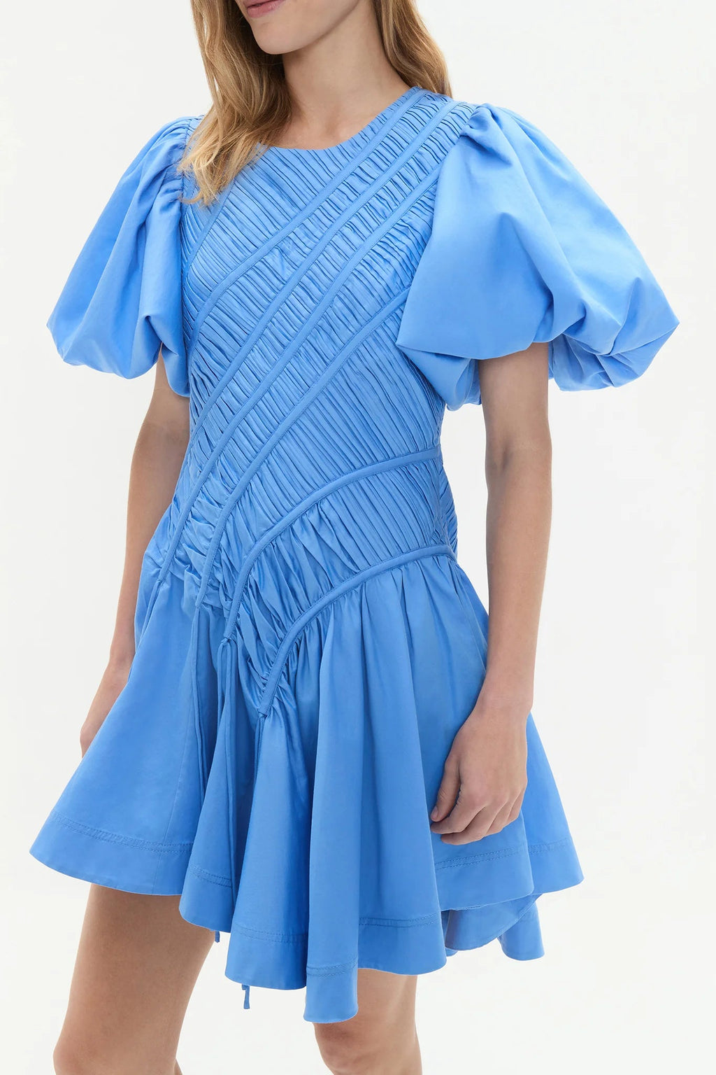 Flowering Girl Women Eudora Asymmetric Pleated Puff Sleeve Mini Dress In Mist Blue
