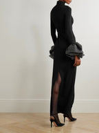 Rachel Black Ruffled Crystal-Embellished Crepe Mock-Neck Gown