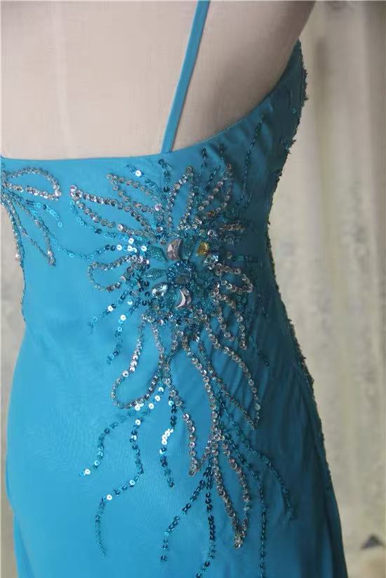 Blue Spaghetti Strap Beaded Chiffon Long Evening Dress