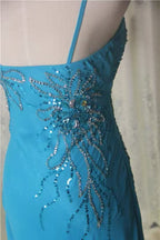 Blue Spaghetti Strap Beaded Chiffon Long Evening Dress