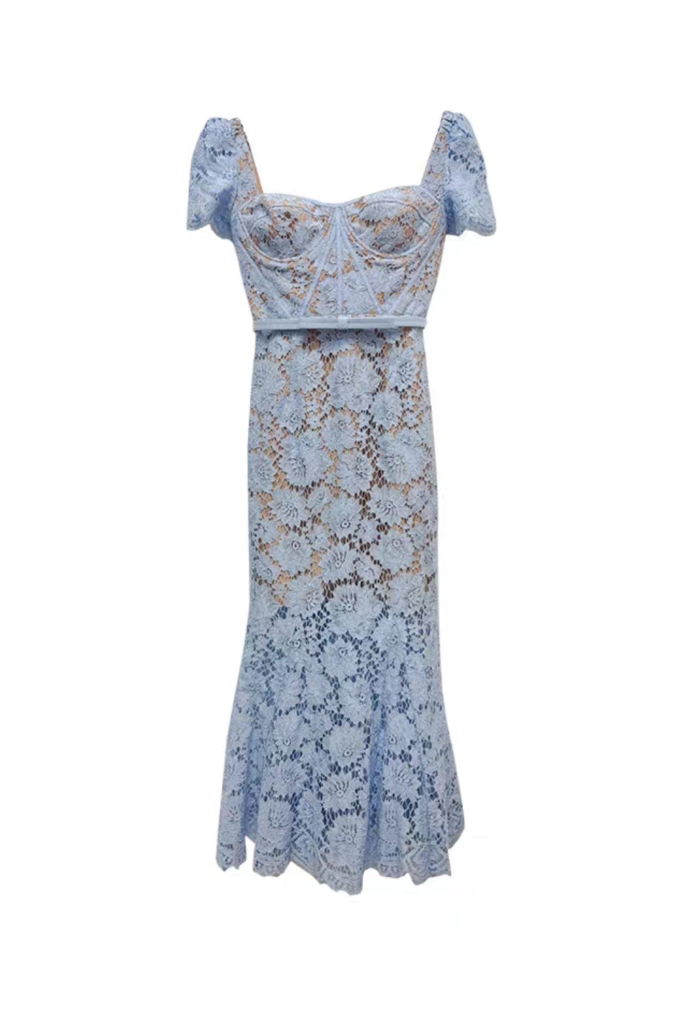 Flowering Girl Women Blue Fine Lace Midi Dress