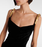 Flowering Girl Women Mag Black Metal Chain Strap Square Neck Velvet Maxi Dress