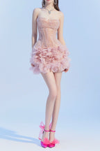 Flowering Girl Women Strapless Corset Mini Dress In Pink