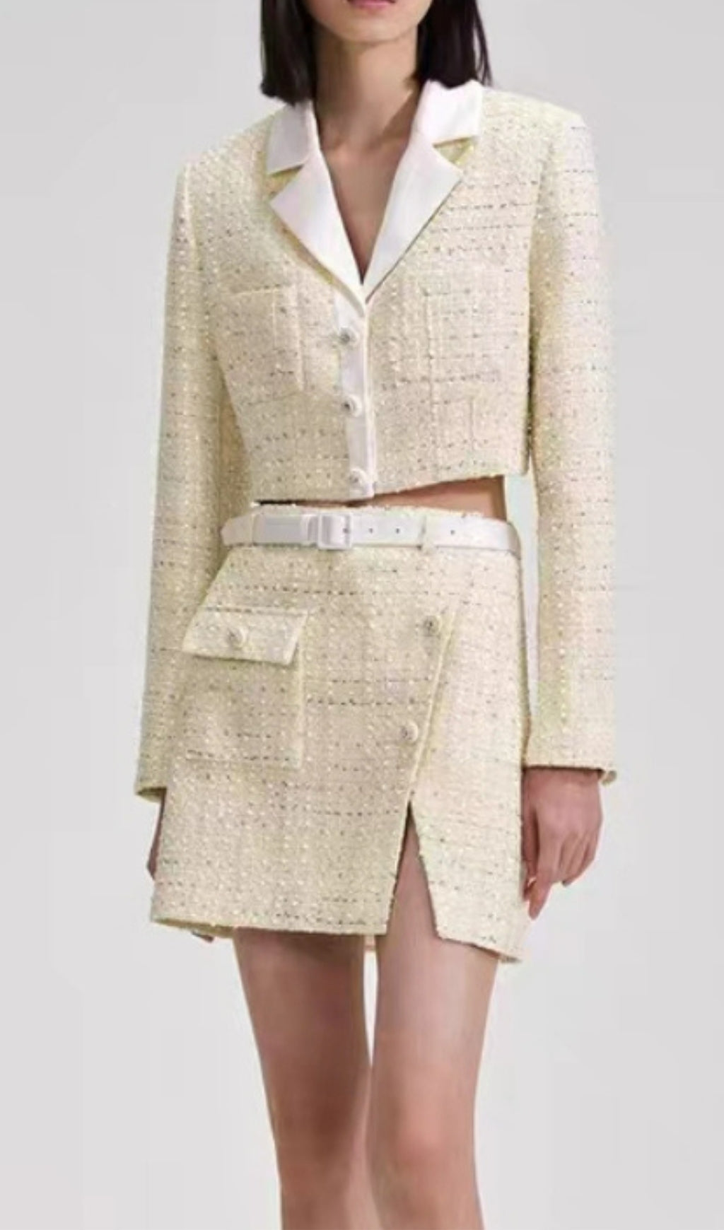 Flowering Girl Women Yellow Color Light Thin Tweed Short Coat & Skirt