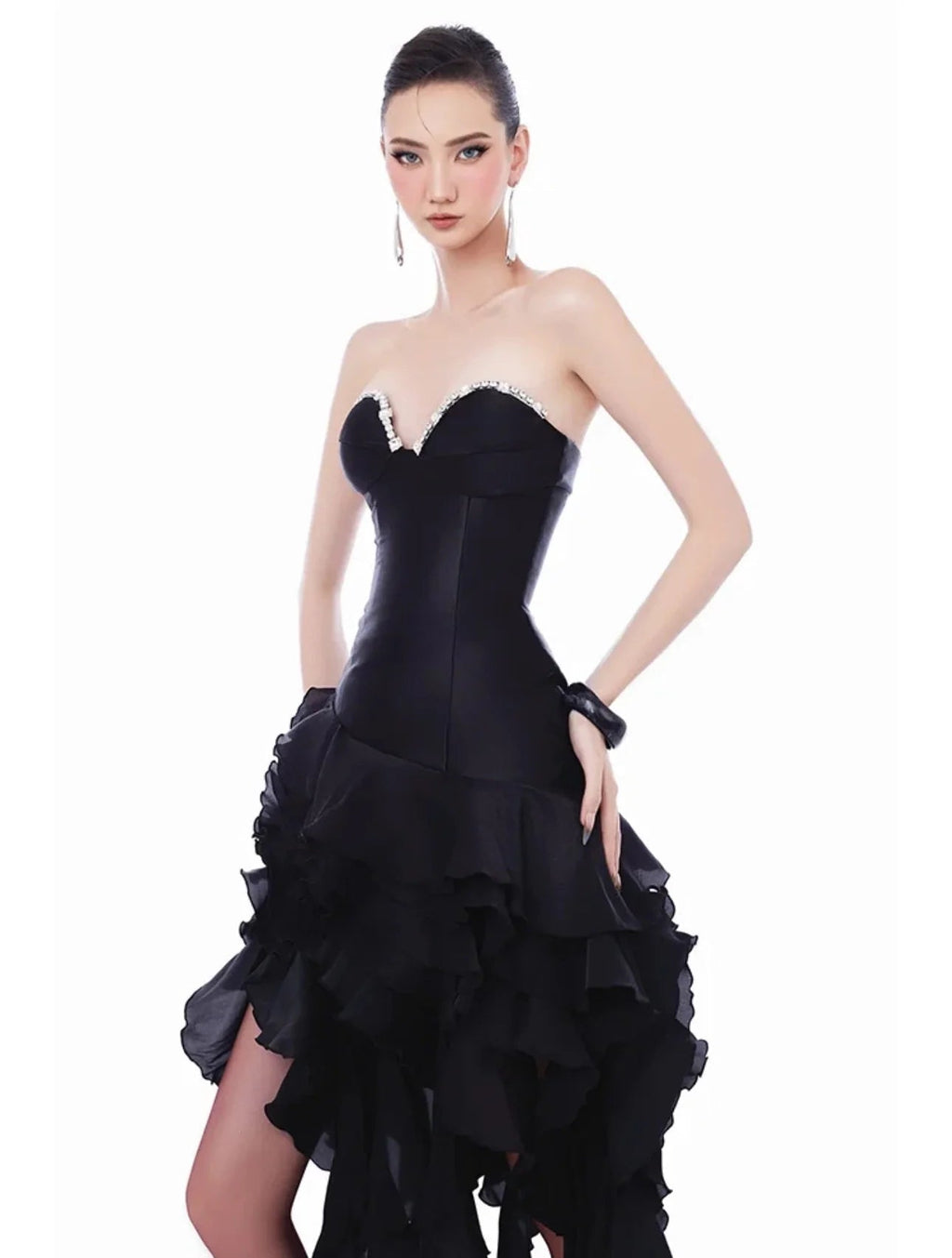 sabrina Ruffle Crystal strapless midi dress in black