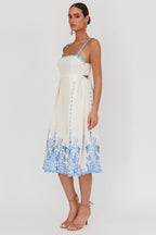 Blue Floral Print Back Tie-Up Midi Dress with Trim Band
