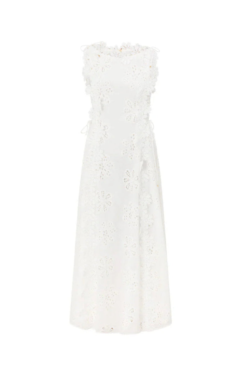 lace trim embroidery hollow midi dress in white