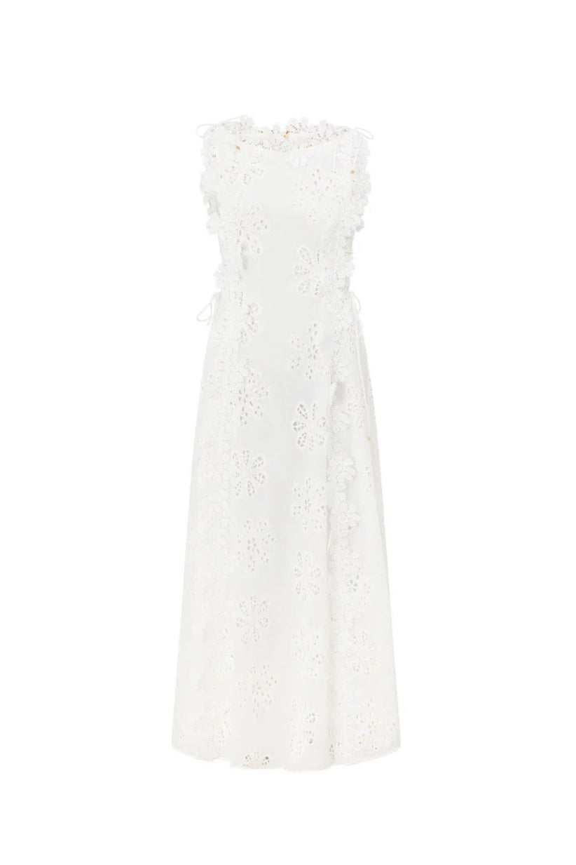 Flowering Girl Women Lace Trim Embroidery Hollow Midi Dress In White