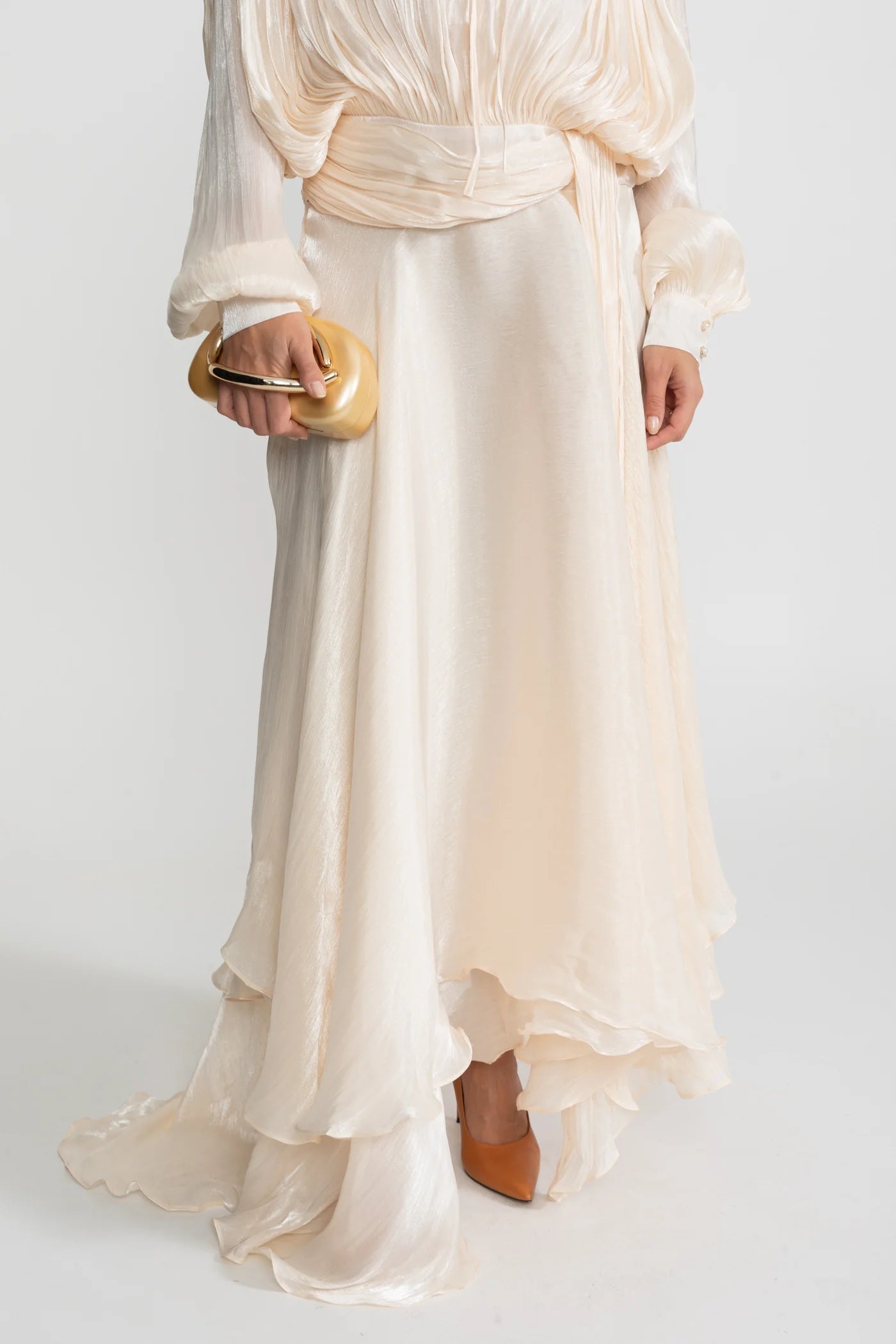 Ivory Pleated Bodice Draped Puff Sleeve Maxi Dress