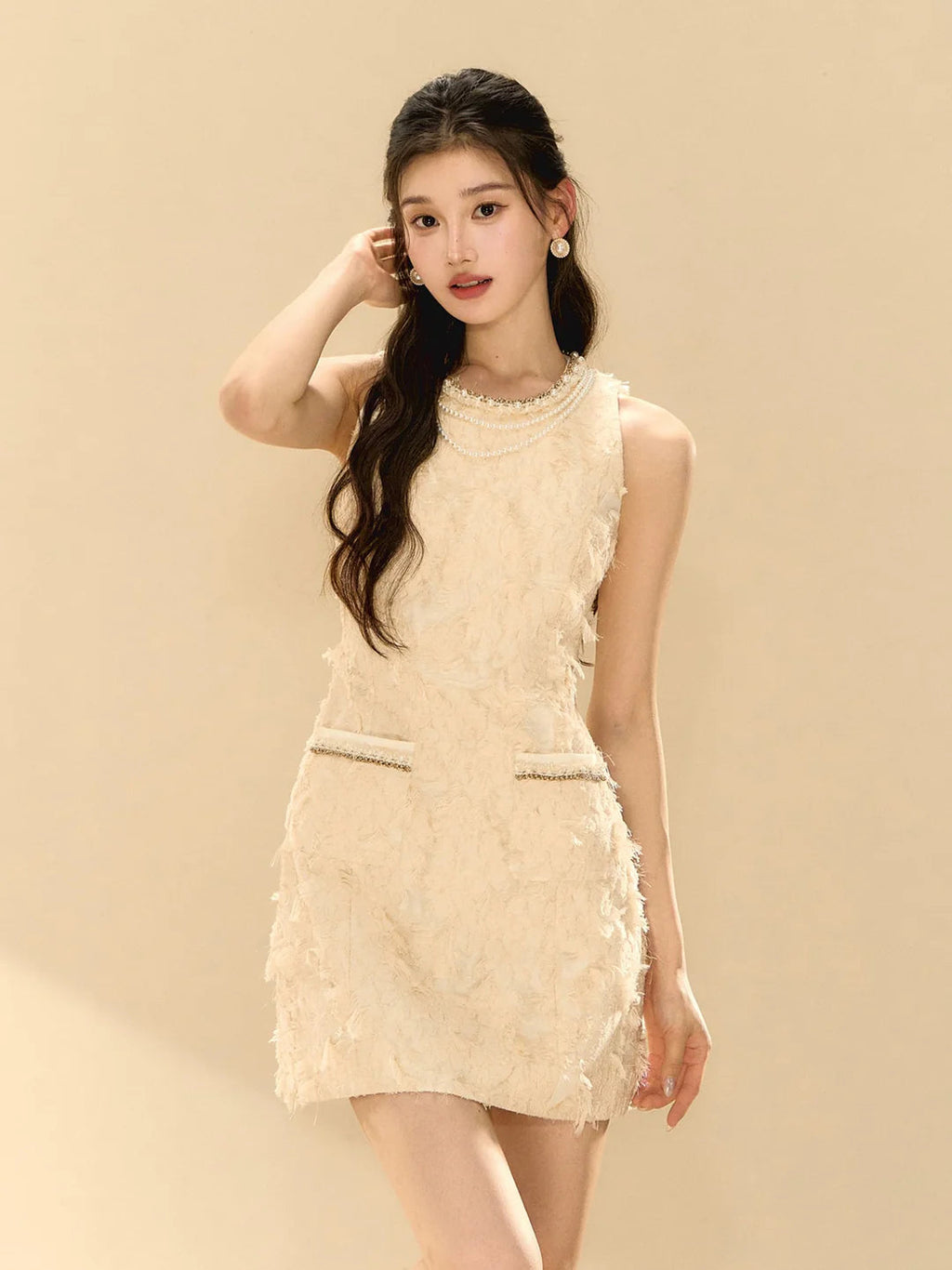 Pandora Feathery Sleeveless A-Line Mini Dress In Beige