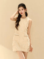 Pandora Feathery Sleeveless A-Line Mini Dress In Beige