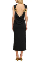 Flowering Girl Women Black Sleeveless Backless Knit Midi Dress With Two Pleated Golden Embellishments