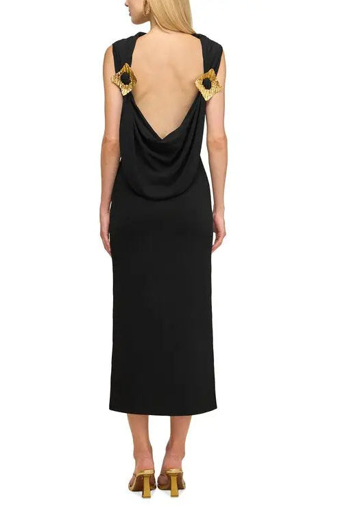 Flowering Girl Women Black Sleeveless Backless Knit Midi Dress With Two Pleated Golden Embellishments