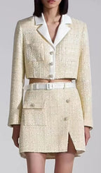 Flowering Girl Women Yellow Color Light Thin Tweed Short Coat & Skirt