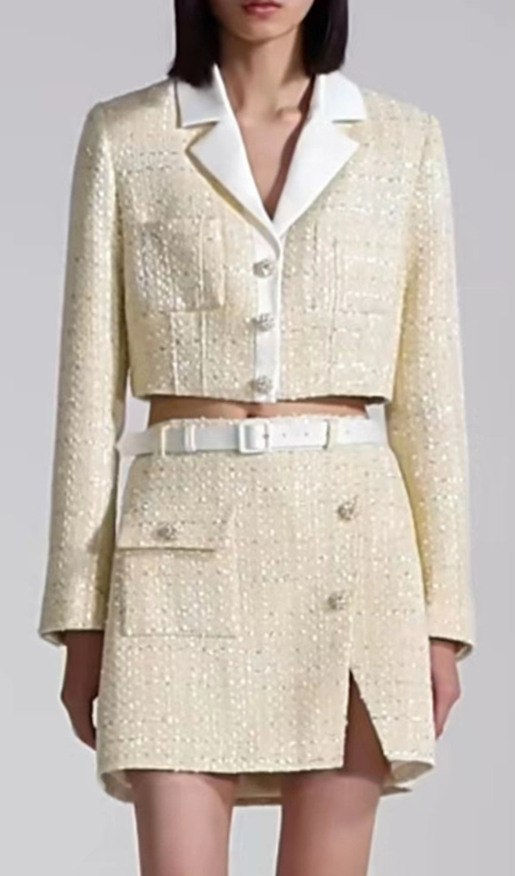 Flowering Girl Women Yellow Color Light Thin Tweed Short Coat & Skirt