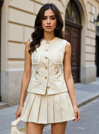 celeste Tweed Button-Front Vest Pleated Skirt Set in apricot