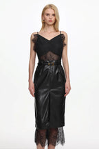 julia black V Neck Sleeveless Lace Faux Leather Midi Dress