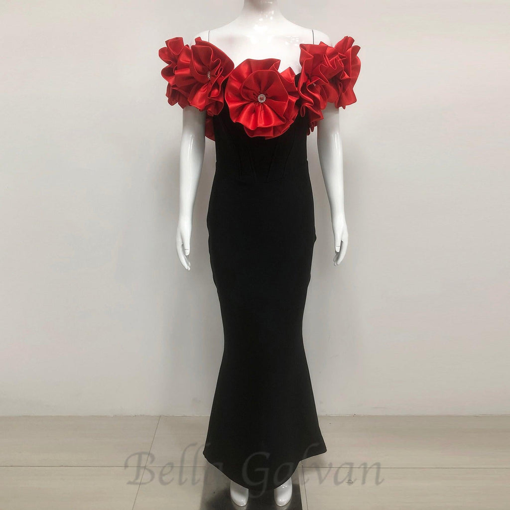 Flowering Girl Women red flower embellished strapless Bandage maxi dress