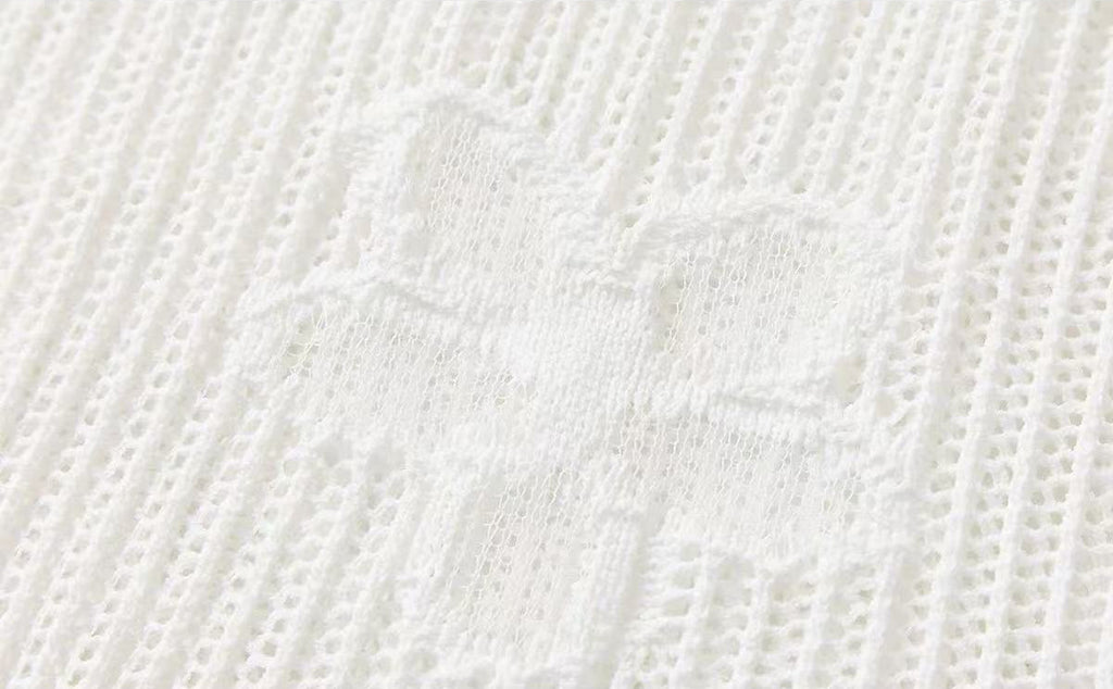 White Strapless Knit Maxi Dress With Butterfly Crochet Hem