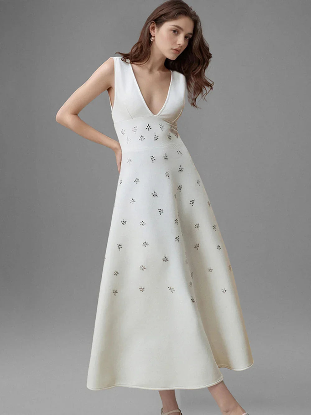Lily Diamond V-Neck Midi Dress In White