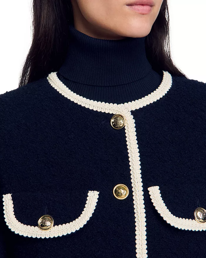 Flowering Girl Women Jill Tweed Contrast Trim Jacket in navy blue