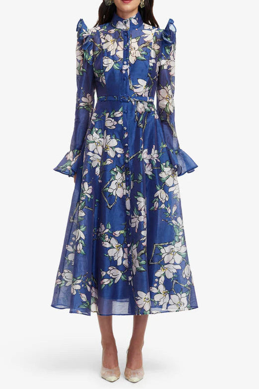 Flowering Girl Women Floral Print Butterfly Sleeve Maxi Dress - Midnight Blue