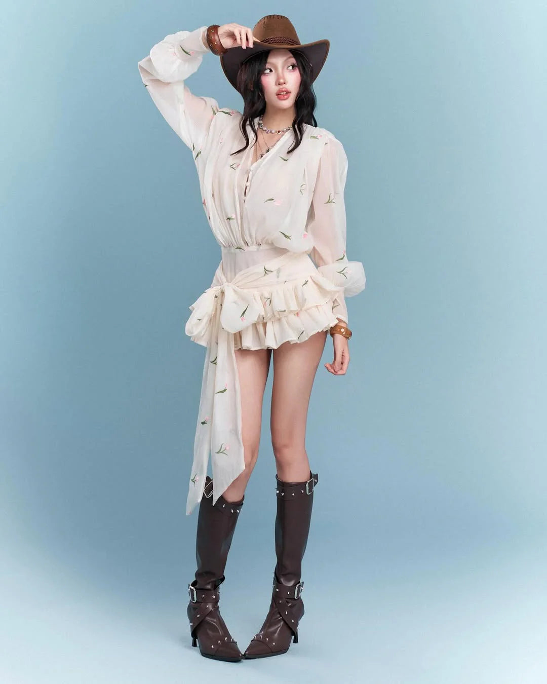 amelia Embroidered floral V-neck ruffle mini dress in apricot