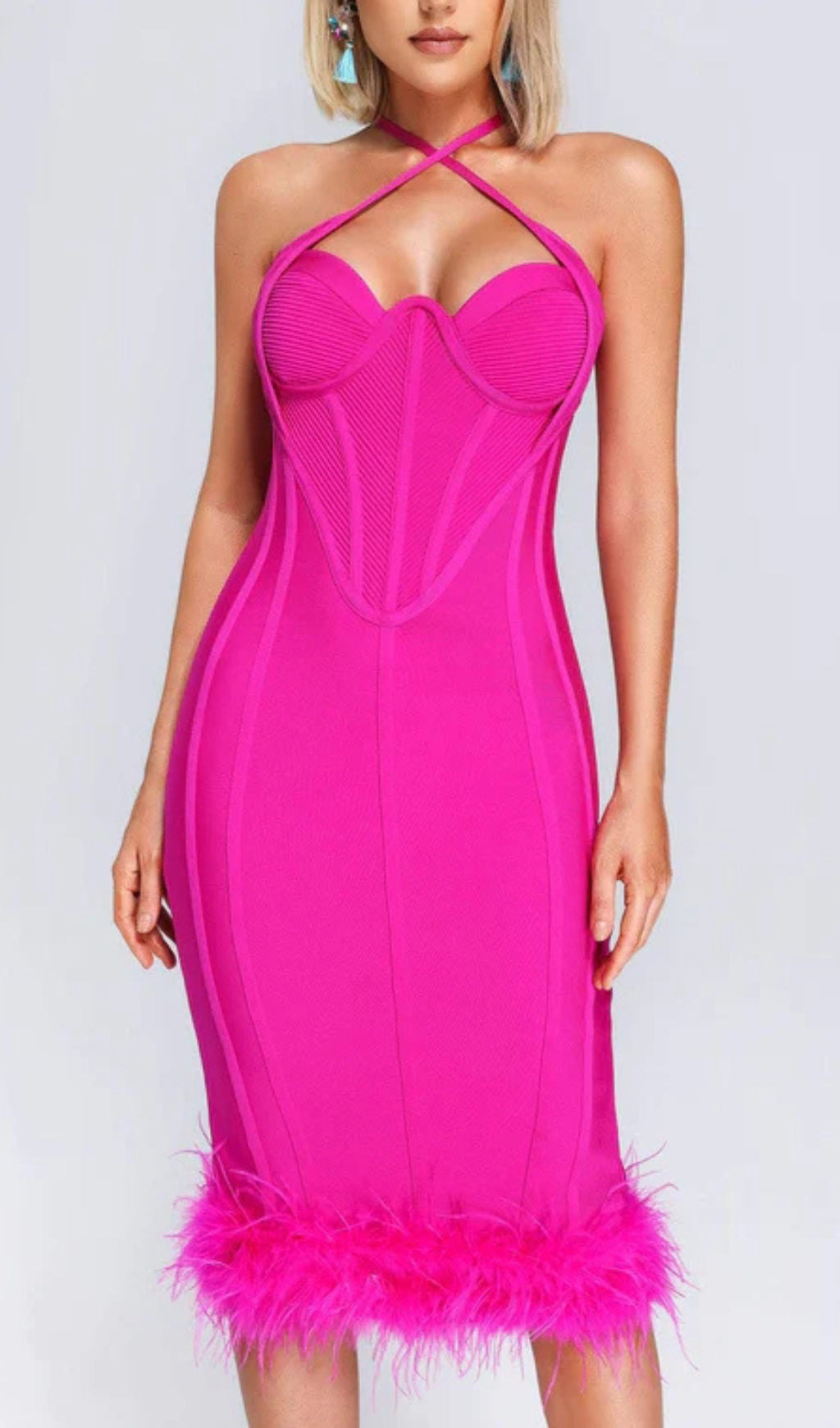 Flowering Girl Women ROSE RED OSTRICH FEATHER HALTER NECK BACKLESS TIGHT DRESS