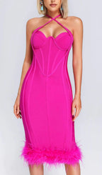 Flowering Girl Women ROSE RED OSTRICH FEATHER HALTER NECK BACKLESS TIGHT DRESS