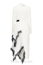 Flowering Girl Women Asymmetric pleated ruffle trim blazer dress in white