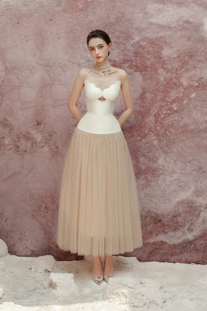 Flowering Girl Women Two-Tone Hollow Tube Top Tulle Midi Dress