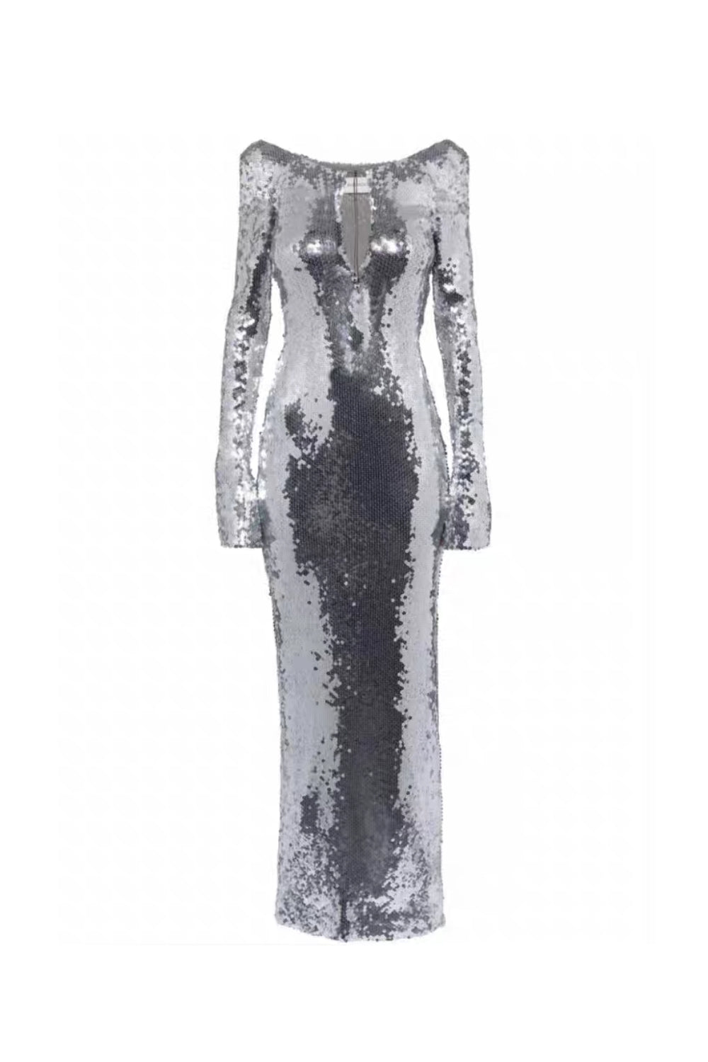 Flowering Girl Women sequin long sleeve cut out maxi dress in silver