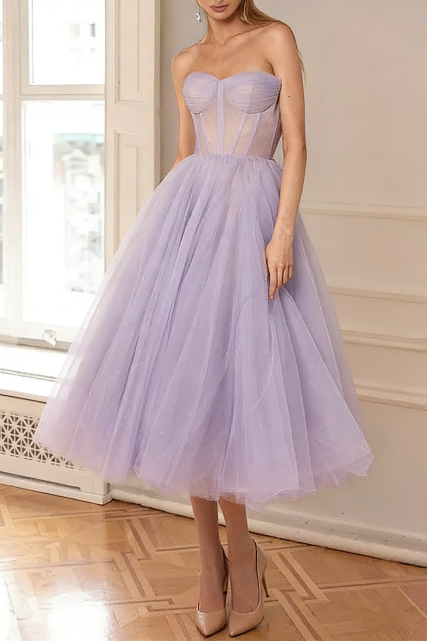 Flowering Girl Women Lavender Strapless Puffy Midi Tulle Dress