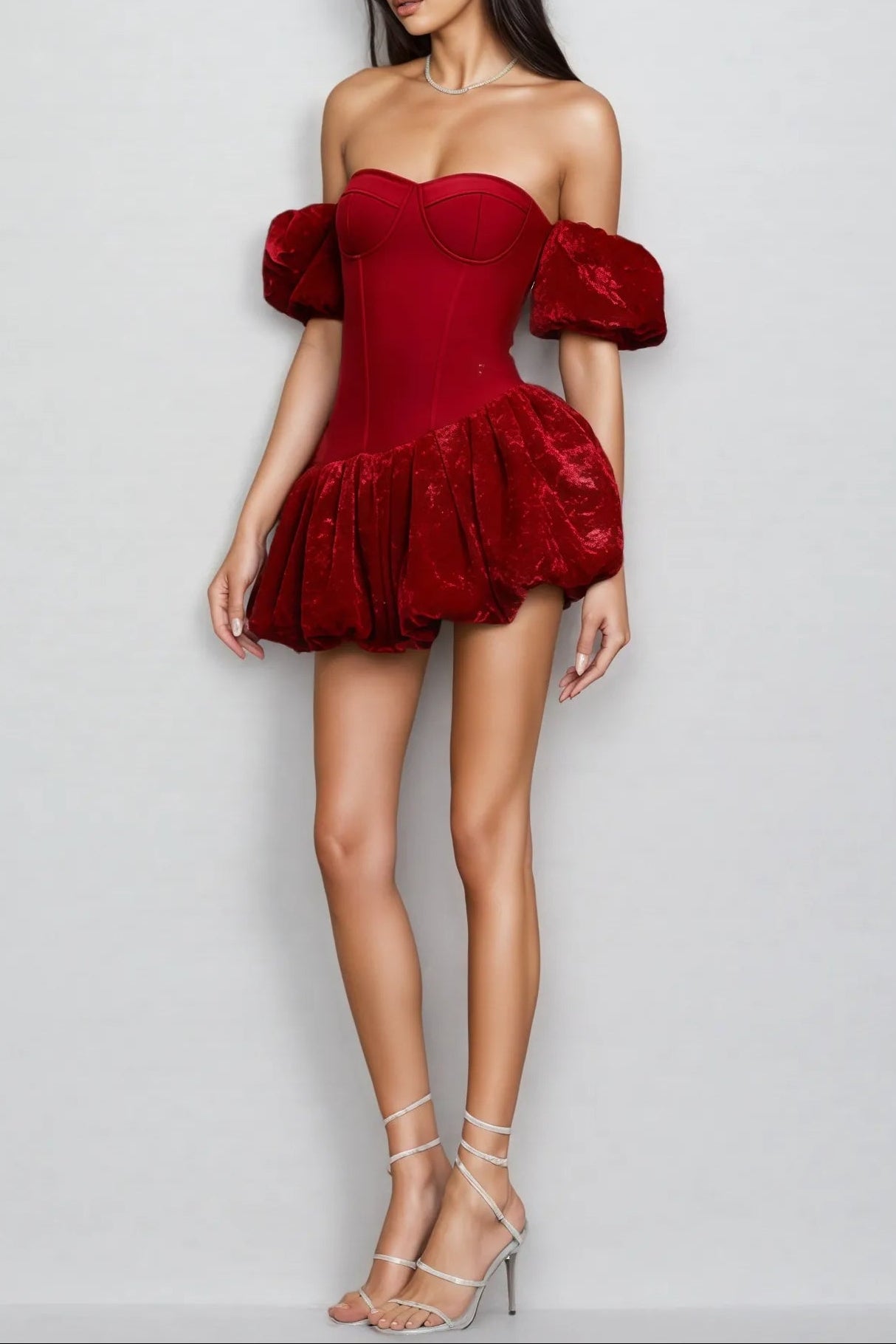 Eunice Red Sheath Bubble Sleeve Strapless Mini Dress