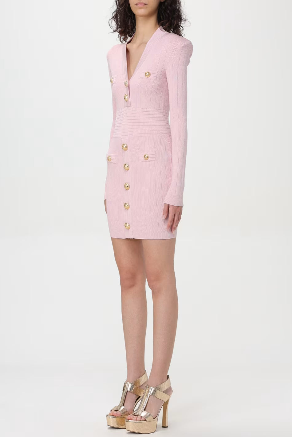 Flowering Girl Women v-Neck Metal Button Knitted Mini Dress In Pink