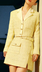 Flowering Girl Women Yellow Color Light Thin Tweed Short Coat & Skirt