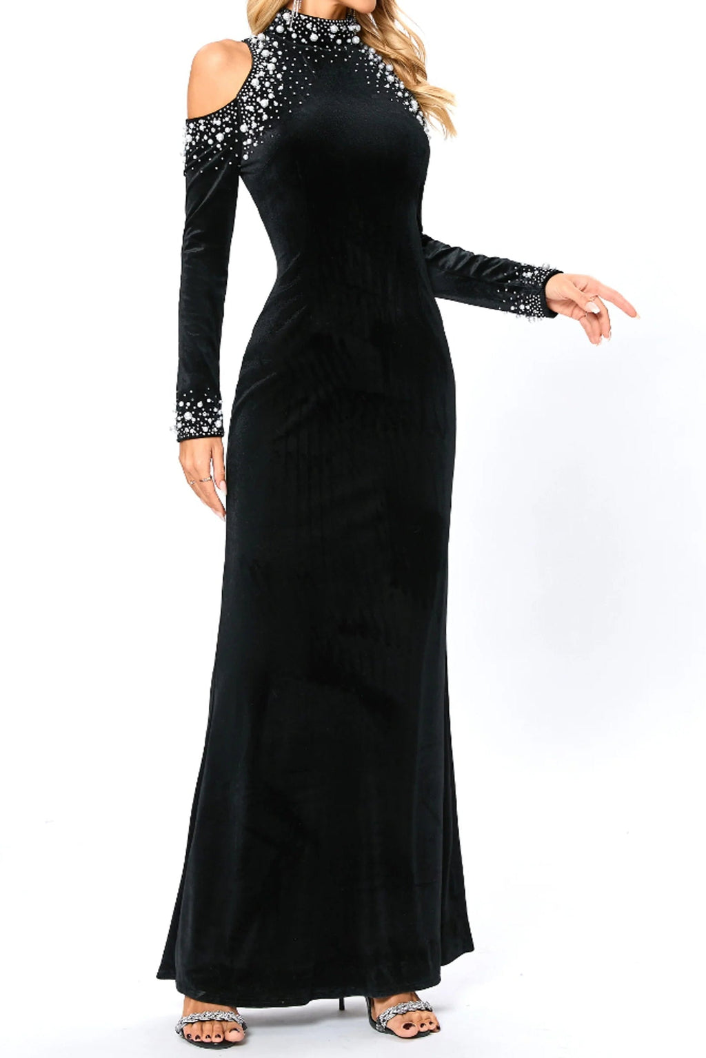 Flowering Girl Women barbara sequin embellished long sleeve maxi dress in black