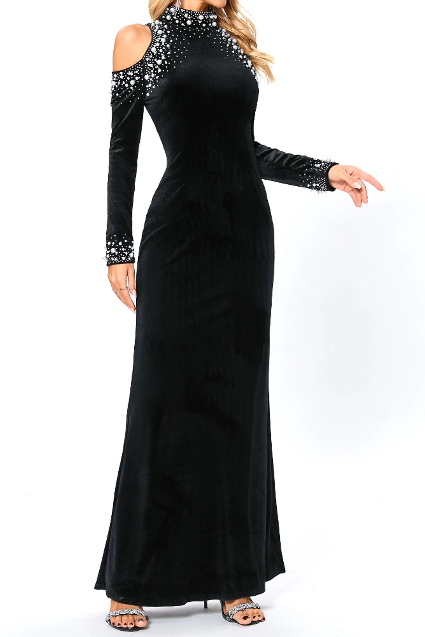 Flowering Girl Women barbara sequin embellished long sleeve maxi dress in black