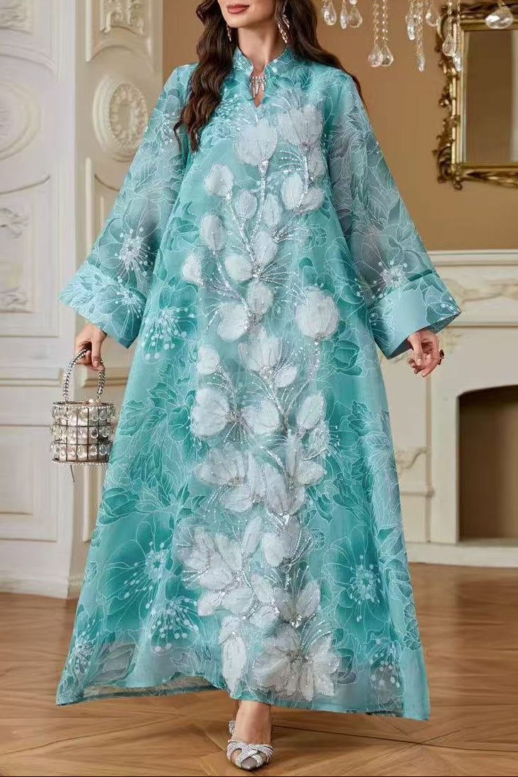 Floral Embroidered Abaya-Style Maxi Dress